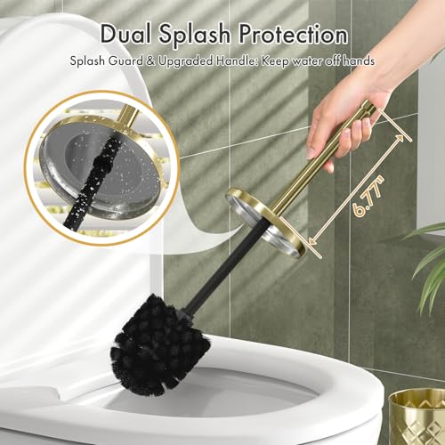 Toilet Bowl Brush and Holder Set 2 Pack with 4 Extra Brush Heads | Extra Long Handle with Splash Guard Cover, Tool-Free Installation, Bathroom Space-Saving, Cleaner Sets for Apartments, RV (Gold) - color: Gold