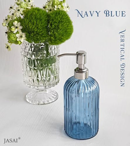 JASAI 18Oz Navy Blue Glass Soap Dispenser for Kitchen & Bathroom, Refillable Kitchen soap Dispenser with Vertical Stripe, Bathroom Soap Dispenser for Dispense Hand soap& Dish Soap. - color: Navy Blue