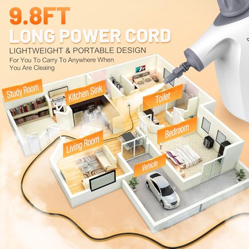 Multi-Surface Handheld Pressurized Steam Cleaner with 11-Pieces Accessories, 15.2OZ Hands-free Portable Steamer for Cleaning, Multipurpose Steam Cleaner for Home|Upholstery|Car|Floor|Grout|More