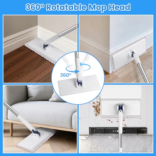 Snap Grip Mini Mop with 6 Washable Pads, Zero-Touch Flat Floor Mops for Wall Window Ceiling, Lazy Dry Wet Mops with 47" Handle, Dust Mop Household Items for Floor Cleaning for Home Kitchen Bathroom
