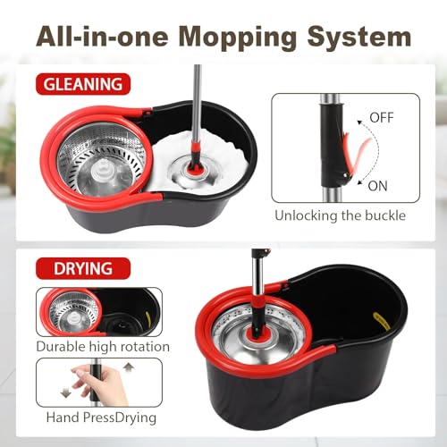Spin Mop and Bucket with Wringer Set, 360° Spinning Mop and Bucket System with 3 Microfiber Mop Replacement Heads and 51" Stainless Steel Adjustable Handle for Mop Floor Cleaning