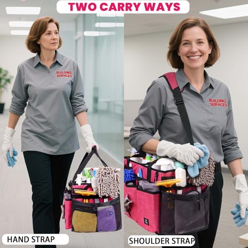 Extra large Cleaning Caddy Bag Built-in Sturdy Support Board, Cleaning Organizer with Detachable Divider, Cleaning Supply Tote with Adjustable Shoulder Strap (Pink, 19'' x 11'' x 11'') - color: Pink