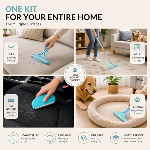 3 Pack Set Pet Hair Removal Tool – Reusable Carpet Rake Set with Long Handle, Dual-Sided Scraper & Detail Tool for Carpet, Furniture, Car & Embedded Dog & Cat Hair - color: Blue