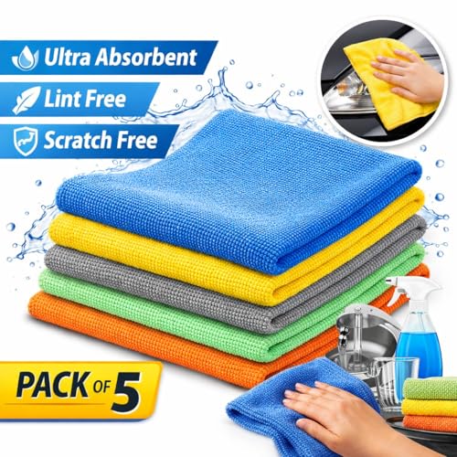 Microfiber Cleaning Cloths 5 Pack – Ultra Absorbent Lint-Free Reusable Kitchen & Car Cleaning Towels – Soft Scratch-Free Multipurpose Cloth for Home, Dish, Glass & Surface Cleaning