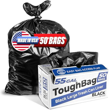 ToughBag 55 Gallon Trash Bags, 55-60 Gallon Trash Bags Heavy Duty (50 COUNT) - Large Black Trash Can Liners, 50-60 Gal for Contractors, Commercial, and Lawn - Made in USA