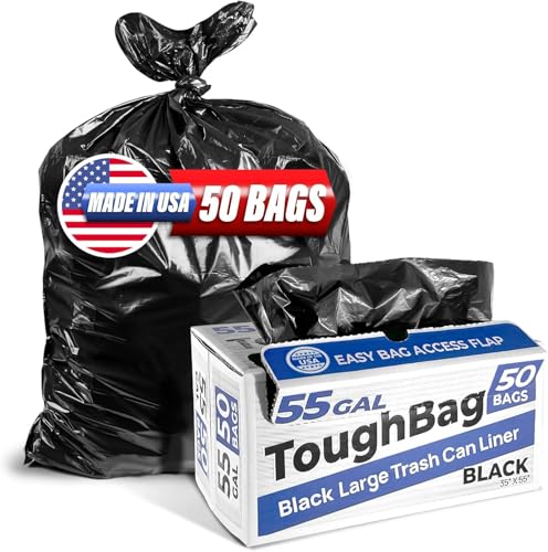 ToughBag 55 Gallon Trash Bags, 55-60 Gallon Trash Bags Heavy Duty (50 COUNT) - Large Black Trash Can Liners, 50-60 Gal for Contractors, Commercial, and Lawn - Made in USA