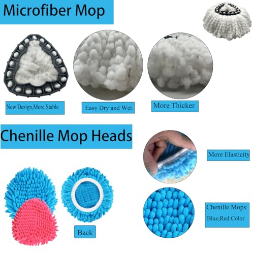 6 Pack Spin Mop Head Replacements Compatible with OCedar Easywring 1 Tank,4 Chenille Duster Mops Pad Refill Compatible with Oceda,Includes 2 PCS Microfiber Mops,White Red Blue,Machine Washable