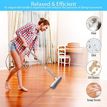 Push Broom Pet Hair Removal Broom with Squeegee, Soft Silicone Bristle Broom with 47" Adjustable Long Handle, Non Scratch Carpet Sweeper Brush for Cat/Dog Hair Hardwood Tile Windows