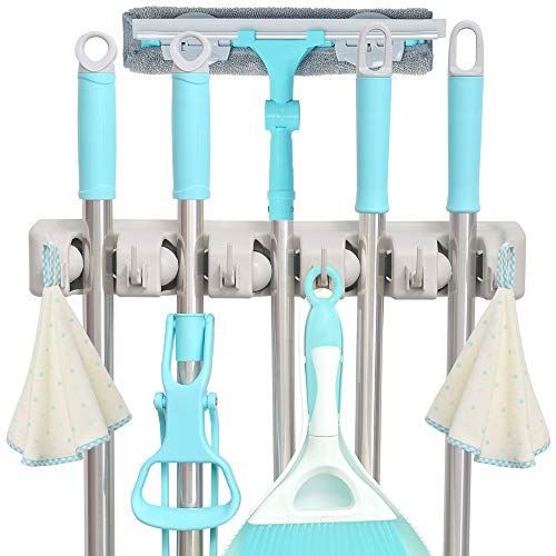 C-CHAIN Mop and Broom Holder, 5 Position with 6 Hooks Garage Storage Holds up to 11 Tools, Multipurpose Wall Mounted Tool Rack Organizer for Kitchen Garage - color: Beige