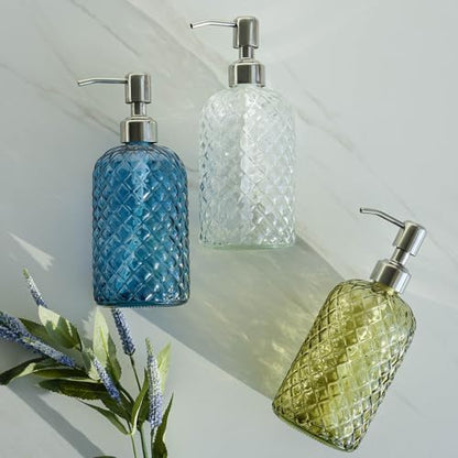 JASAI 18Oz Gem Patterned Glass Soap Dispenser for Kitchen and Bathroom, Refillable with Rust Proof Stainless Steel Pump (Blue) - color: Navy Blue