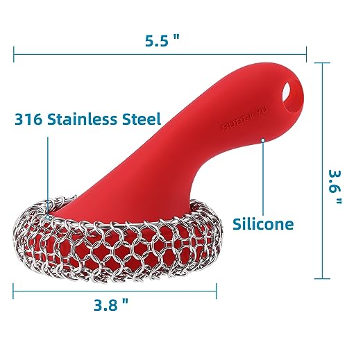 SUBEKYU Cast Iron Scrubber with Silicone Handle, Stainless Steel Cast Iron Skillet Cleaner Chainmail Scrubber for Cast Iron Pans, Red - color: Red