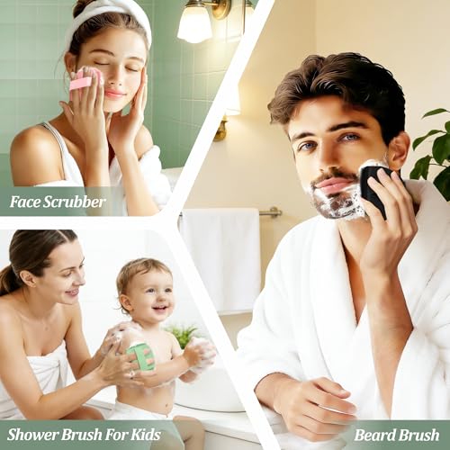 Silicone Back & Face Scrubber & Bath Glove Set 3PCS, 13.4'' Gentle Back Scrubber with Dual-Side Head, 360° Anti-Slip Bath Glove, Unique Side-bristled Face Scrubber for All-round Cleaning(Black) - color: Black*3