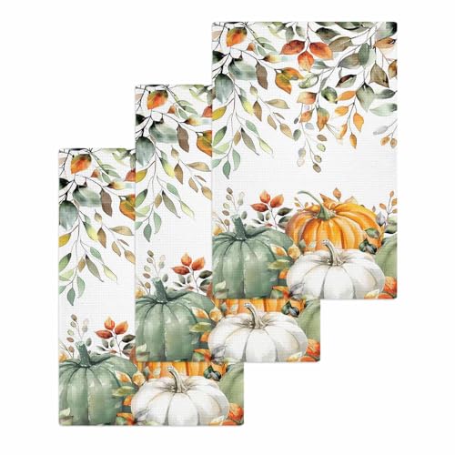 Fall Thanksgiving Pumpkin Eucalyptus Hand Towels Set,Waffle Weave Kitchen Towels 3 Pieces,Sage Green Orange White Microfiber Hair Bath Tea Towel Absorbent Quick Drying Cleaning Dish Cloths,15.7"x23.6" - color: Sage Green Pumpkin Orange White, size: 3PCS,1