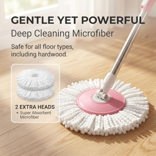 Universal Spin Mop and Bucket System with Stainless Steel Wringer - Heavy-Duty Floor Cleaning Kit Includes 4 Microfiber Mop Head Refills and Extendable Handle, Pink and White, Single Pack