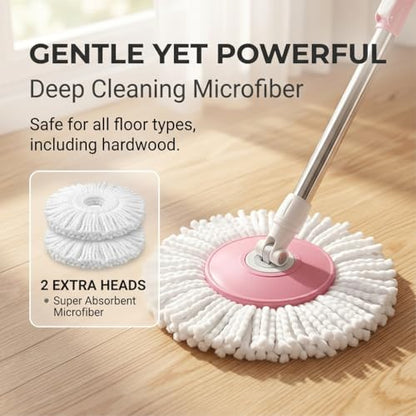 Universal Spin Mop and Bucket System with Stainless Steel Wringer - Heavy-Duty Floor Cleaning Kit Includes 4 Microfiber Mop Head Refills and Extendable Handle, Pink and White, Single Pack