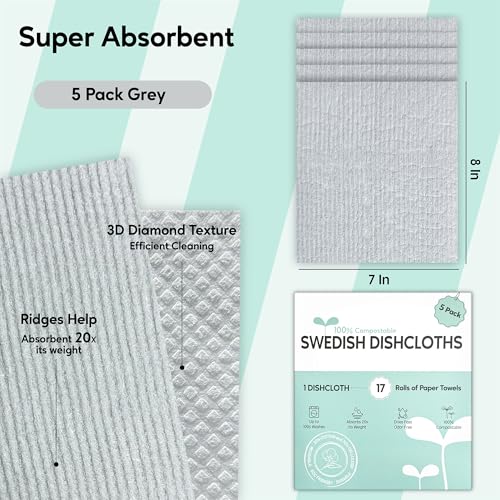 Swedish Dishcloths for Kitchen, 5 Pack Swedish Dish Cloths, Ultra Absorbent Reusable Paper Towels, Cellulose Sponge Cloths, Quick Drying, No Odor, Dishwasher Safe Grey - color: Grey