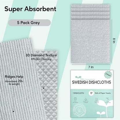 Swedish Dishcloths for Kitchen, 5 Pack Swedish Dish Cloths, Ultra Absorbent Reusable Paper Towels, Cellulose Sponge Cloths, Quick Drying, No Odor, Dishwasher Safe Grey - color: Grey