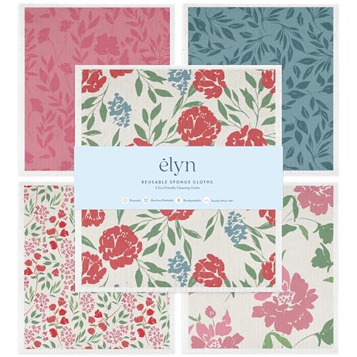 ELYN Swedish Dishcloths, Reusable & Washable Sponge Cloths, Absorbent Cleaning Paper Towels for Kitchen, Dishes, Counters and More, 5 Pack, Assorted Soft Botanical Patterns - color: Soft Botanicals