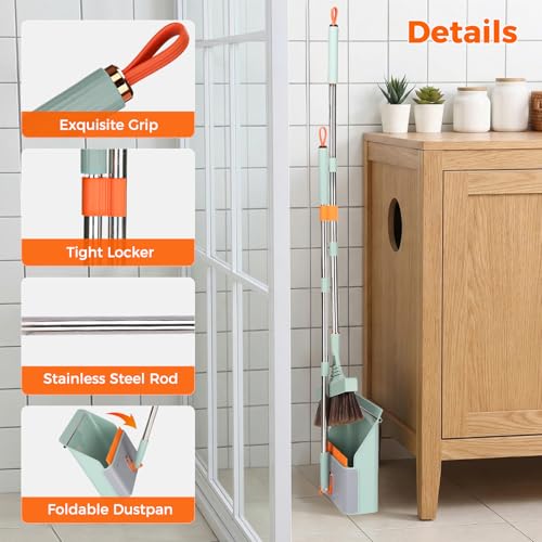 Broom and Dustpan Set with Adjustable Handle, Upright Design, Built-in Comb Teeth, Mint Green, for Home Office Hardwood Floors Pet Hair (Green/Gray) - color: Green/Gray