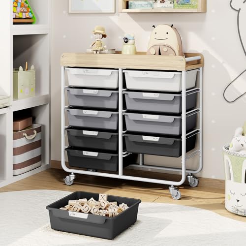 10 Drawers Rolling Cart with Wooden Tabletop, Utility Storage Cart with Wheels, Art Supply Craft Organizer on Wheel with Metal Frame & Handles for Home Office School,Grey - color: Grey