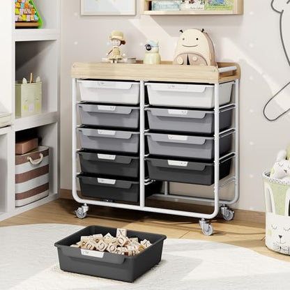 10 Drawers Rolling Cart with Wooden Tabletop, Utility Storage Cart with Wheels, Art Supply Craft Organizer on Wheel with Metal Frame & Handles for Home Office School,Grey - color: Grey