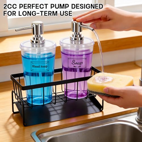 Kitchen Sink Caddy with Dish Soap Dispenser Set,16oz Hand and Dish Soap Dispenser Set with Sponge Holder, 2Pcs Clear Bottle with Pump Large Opening Easy to Fill Kitchen Sink Organizer Countertop
