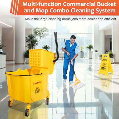 35 Qt Commercial Mop Bucket with Side Press Wringer on Wheels Set | Including 35 Quart Industrial Mop Bucket |1 Commercial Mop |1 Wet Floor Caution Sign | Yellow
