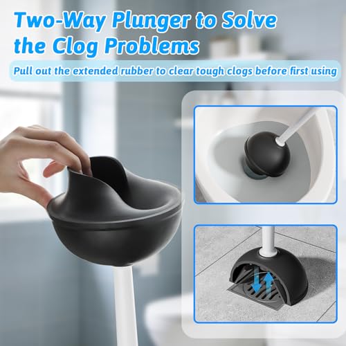 Sellemer 2 in 1 Toilet Brush and Plunger Set, Curved Design Head for Deep Clean, Heavy Duty Toilet Bowl Brush and Plunger Combo with Holder for Bathroom,White, 2 Pack - color: White