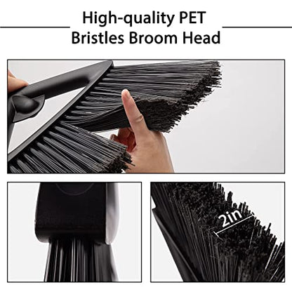 Eyliden Commercial Angle Broom and Dustpan Combo, with Long Handle and Lid, Lobby Dust Pan Sweep Set for Outdoor Garages Courtyard Sidewalks Decks Indoor Home Kitchen Room Office (Black Broom+Dustpan)