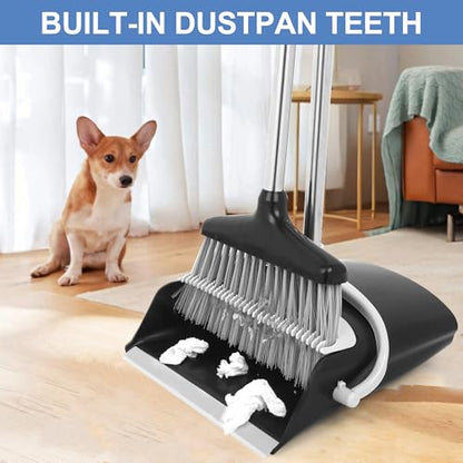 Broom and Dustpan Set with Long Handle, Upright Standing Design, Indoor Outdoor Cleaning Combo, Black and Gray