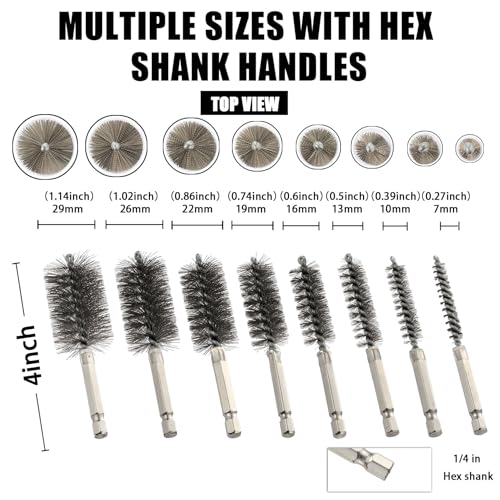 MAXMAN Stainless Steel Bore Brush, 8pcs Wire Brush for Drill, Durable Metal Bristles Twisted, 8 Size Set Multiple Diameter Options, 1/4 Inch Hex Shank, for Power Drill Impact Driver & Tube Cleaning