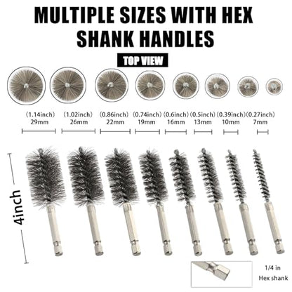 MAXMAN Stainless Steel Bore Brush, 8pcs Wire Brush for Drill, Durable Metal Bristles Twisted, 8 Size Set Multiple Diameter Options, 1/4 Inch Hex Shank, for Power Drill Impact Driver & Tube Cleaning