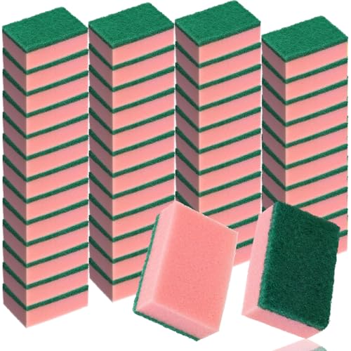 Patelai 100 Pcs Heavy Duty Sponges Kitchen Bulk Dish Sponges Scrub Sponge Abrasive Scrubber Cleaning Sponge Non Scratch Scouring Absorbent Dish for Washing Kitchen (Pink) - color: Pink