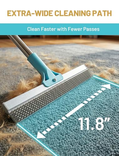 Carpet Rake for Pet Hair Removal: DELOMO Carpet Scraper Broom with 54” Adjustable Long Handle, Dual-Sided, Metal + Short Silicone for Carpets & Rugs, Extended Silicone for Shag Rugs & Hard Floors