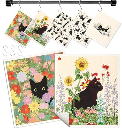 Miss Adola Swedish Dishcloths for Kitchen with Hooks - Reusable Dish Cloths for Washing Dishes Fast Drying Cute Fun 5 Pack Swedish Dish Towels Washable Cleaning Sponge, Black Cats - color: Black Cats