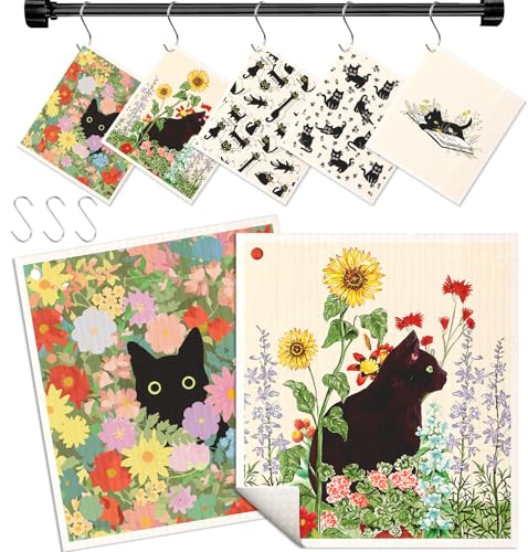 Miss Adola Swedish Dishcloths for Kitchen with Hooks - Reusable Dish Cloths for Washing Dishes Fast Drying Cute Fun 5 Pack Swedish Dish Towels Washable Cleaning Sponge, Black Cats - color: Black Cats