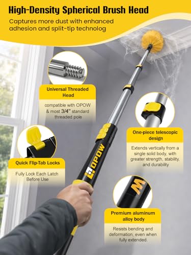 6-24ft Cobweb Duster with Extension Pole, Opow 32ft High Reach Spider Web Brush, Aluminum Telescopic Pole, Webster Duster with 2 Washable Heads and Universal Joint Angle Adaptor for Outdoor & Indoor - size: 24 feet