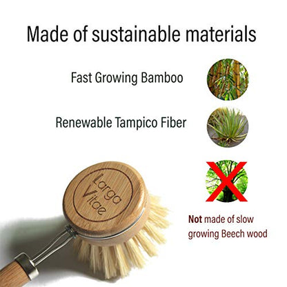 Wooden Dish Brush Made of Renewable Bamboo Wood and Natural Bristle Tampico Fiber, includes 5 Replacement Brush Heads, Durable, Long Lasting, All Purpose Kitchen Scrubber