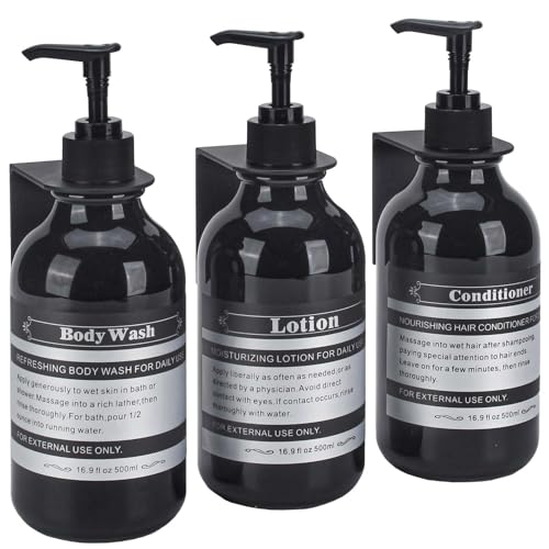 Dispenser Bottle for Bathroom Kitchen Refillable for Shampoo Conditioner Hand Dish Soap Lotion Oil Shower Soap Bottles with Pump, 17oz, 500ml, 3 Pack (Black, with Wall Mount) - color: Black, size: With wall mount