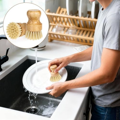 12 Packs Bamboo Dish Scrub Brush Wooden Washing Scrubbers with Sisal Bristles Kitchen Palm Pot Brush Round Mini Dish Brushes for Household Iron Pot Pan Sink Sink Vegetables Cleaning - color: Yellow