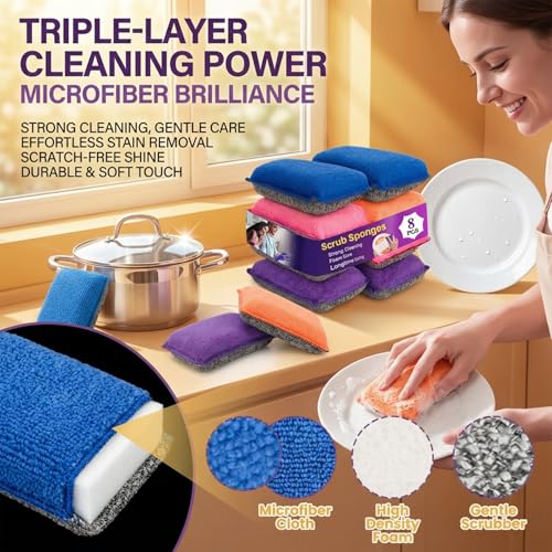 Non Scratch Microfiber Dish Scrubber - Kitchen Sponges 8 Pack Double-Sided Heavy Duty Dish Scrubber with High Density Foam for Washing Dishes, Pots & Sink Cleaning Reusable Sponge Set 4 Colors