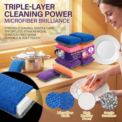 Non Scratch Microfiber Dish Scrubber - Kitchen Sponges 8 Pack Double-Sided Heavy Duty Dish Scrubber with High Density Foam for Washing Dishes, Pots & Sink Cleaning Reusable Sponge Set 4 Colors
