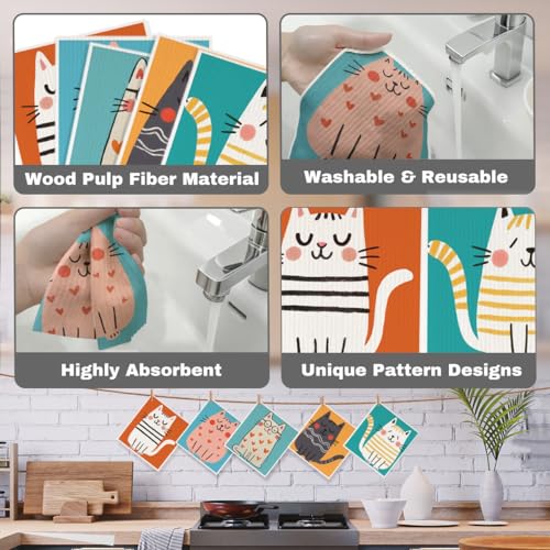 5 Pcs Cartoon Kitten Swedish Dishcloths, Cat Lover Swedish Dishcloth, Artistic Dish Cloths for Drying Dishes, Reusable Cleaning Cloths, Housewarming Gifts for Women 1 - color: Lm 04233