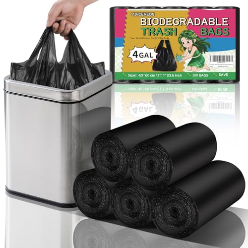Small Trash Bags 4 Gallon - Black With Handles Mini Bathroom Garbage Bags 100 Count 15 Liter Unscented Biodegradable Little Wastebasket Liners For Car Office Kitchen Strong Thick - color: 4gal100-BlackWithHandle