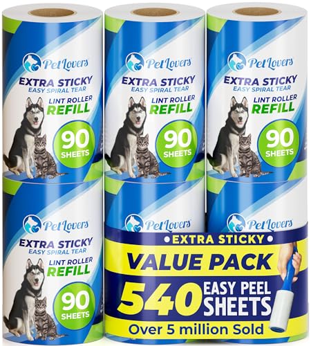 PetLovers Extra Sticky Lint Roller 6 Pack of Refills Only - No Handle Included - 90 Sheets Per Refill 540 Sheets Total - size: 90 Sheets (Pack of 6)