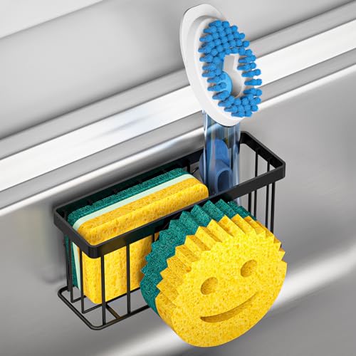MURLONG Sponge Holder Smiley Face, Sink Organizer with 2 Suction Cups/1 Adhesive Strips, Designed for Sponge, Soap, Dish Brush, Scrubber - Black - color: Black