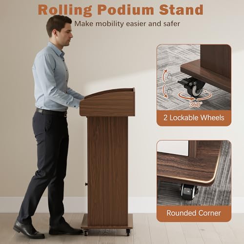 Podium Stand with Metal Wheels Wooden Lectern Podium Stand Portable Pulpit Standing with Storage Mobile Reception Podiums for Church Office School Conference Restaurant Meeting,Brown+Black - color: Brown& White