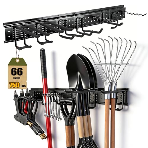 66'' Garage Tool Organizer Wall Mount 21PCS, 750lbs Heavy Duty Garden Tool Organizer with 17 Adjustable Hooks, Yard Tool Hanger for Shovel Rake Broom Ladder, Garage Wall Organization, Men's Gift - size: 66''-21Pack