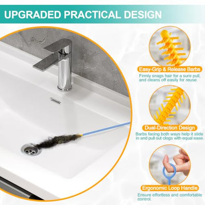 EastLink 50 Inch Extra-Long Drain Snake 3 Pack, Reusable Sink Snake with Easy-Rinse Barbed Tip, Anti-Break Flexible Steel Drain Clog Remover with Nylon Layer, Ideal for Bathroom, Shower and Bathtub