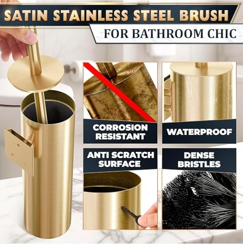 Gold Toilet Brush and Holder Set with Wall Mount - Modern Wall Mounted Toilet Brush Made from Corrosion-Resistant Stainless Steel - Removable Inner Bowl, Splash Protection & Dense Bristles Supplied - color: Gold Wall-mounted